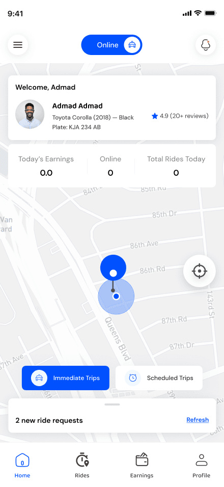 Incoming ride requests on the Sonik Drive driver app home screen