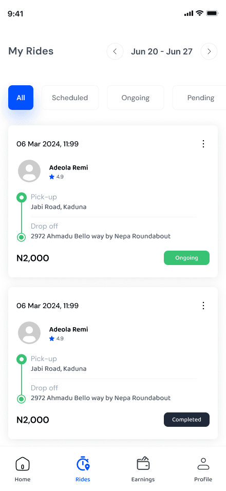 The My Rides list in the Sonik Drive driver app with filters for scheduled, ongoing and completed trips