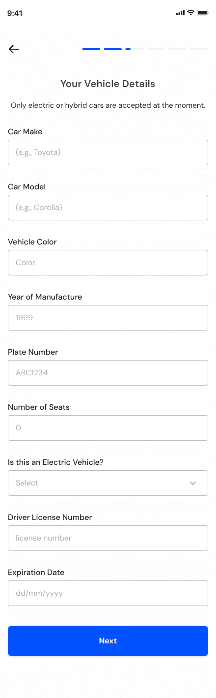 The vehicle details step of driver sign-up in the Sonik Drive driver app