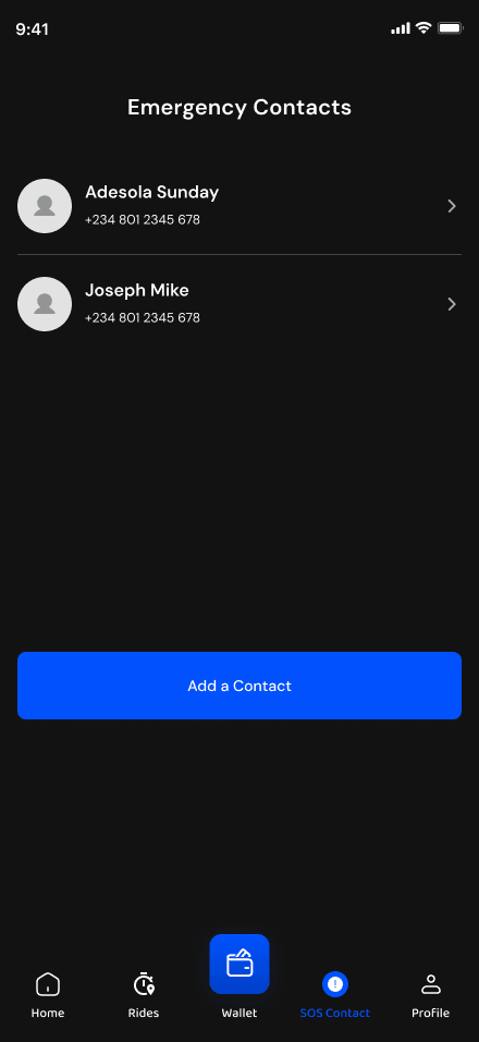 Managing emergency contacts in the Sonik Drive rider app