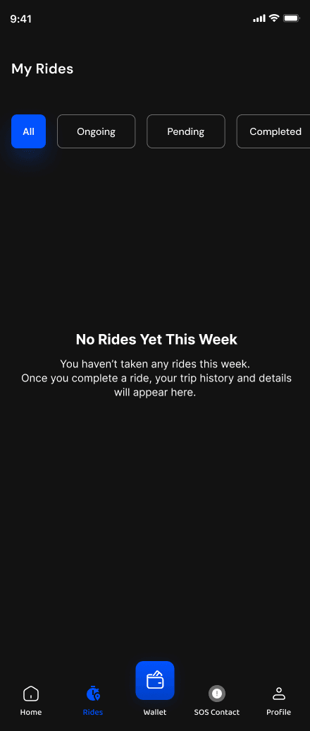 The My Rides screen in the Sonik Drive rider app showing scheduled and completed trips