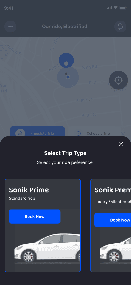 Choosing a ride tier and preference in the Sonik Drive rider app