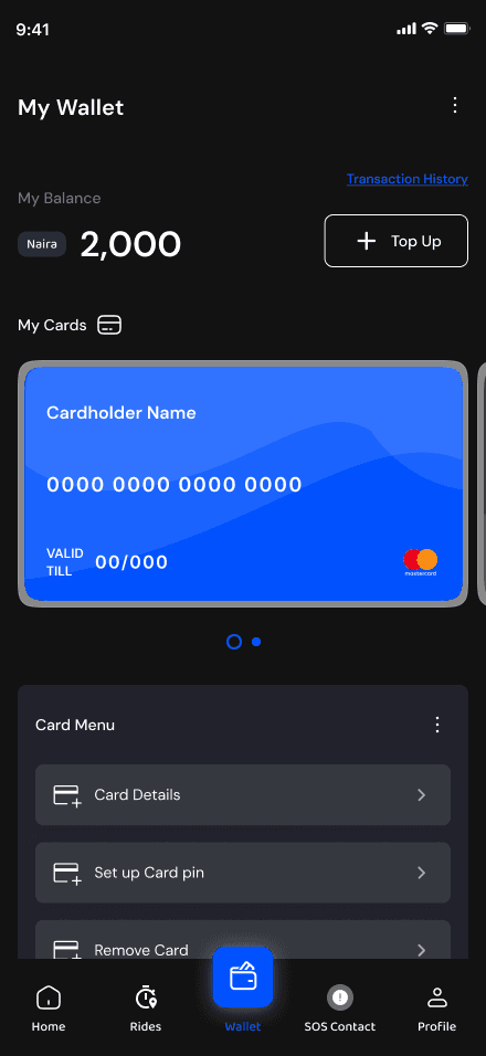 The Sonik Drive in-app wallet showing a naira balance and saved cards