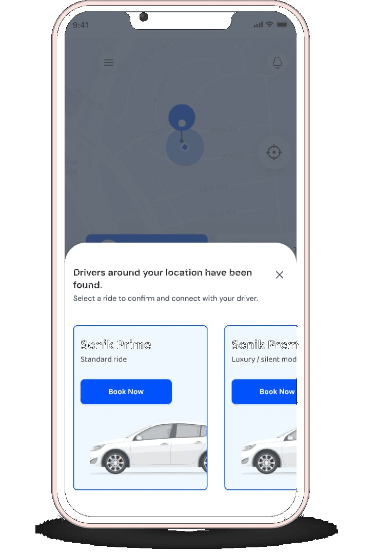 The Sonik Drive booking screen on a phone: a map with the rider's location pinned, and a panel reading that drivers around your location have been found, offering Sonik Prime and Sonik Premium cards with a Book Now button on each.
