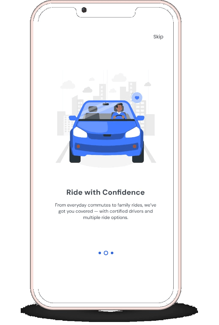 The Sonik Drive onboarding screen on a phone, illustrated with a blue electric car and the heading Ride with Confidence.