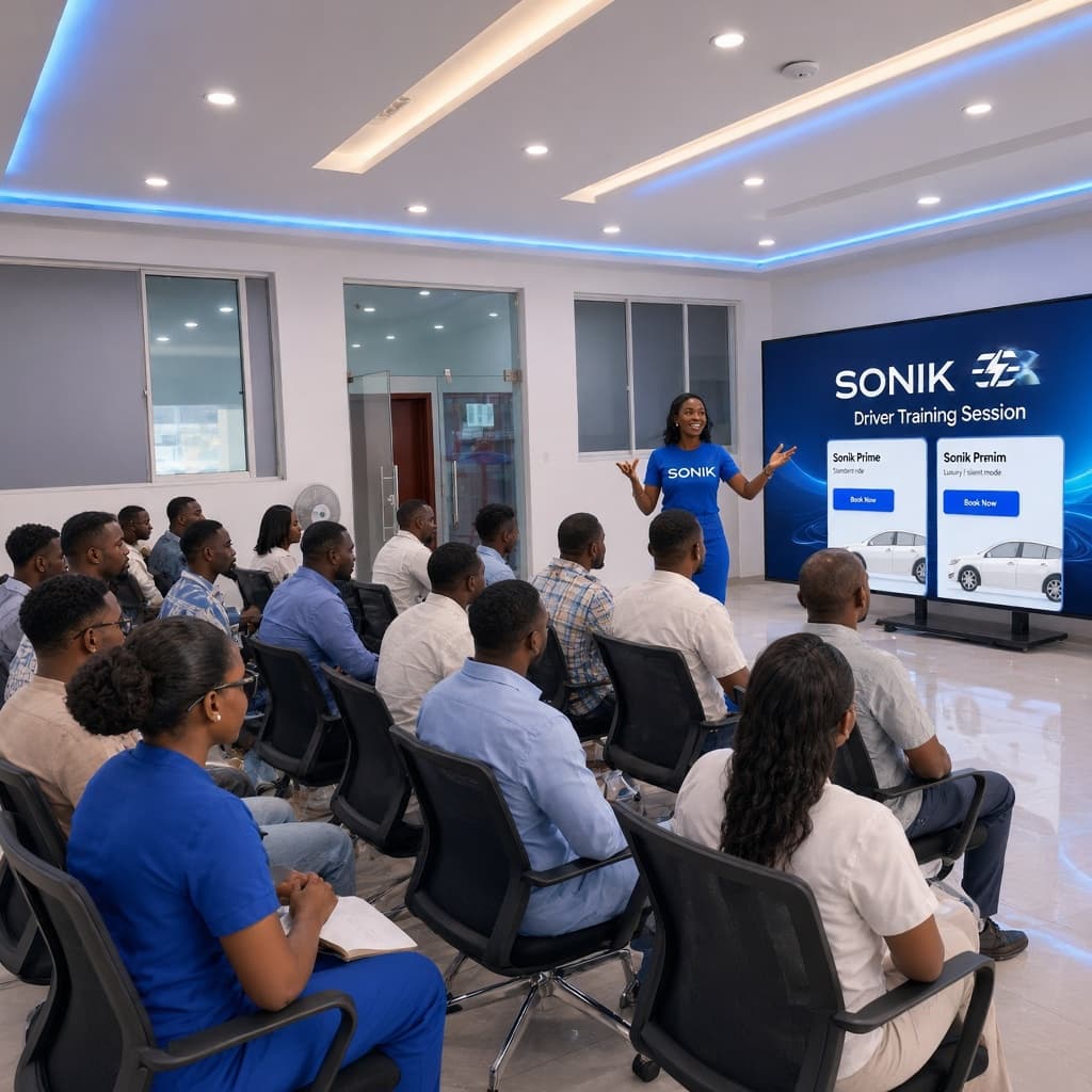 A Sonik Drive instructor walking a cohort of trainee drivers through the app on a screen